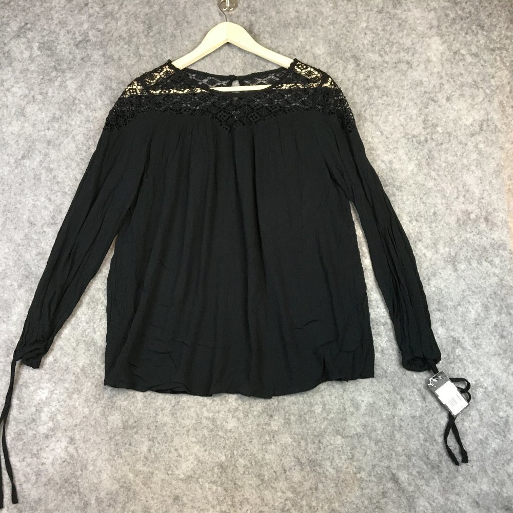 Mossimo Top S Blouse Solid Black Long Sleeve Lace Illusion Neckline Gauze Casual